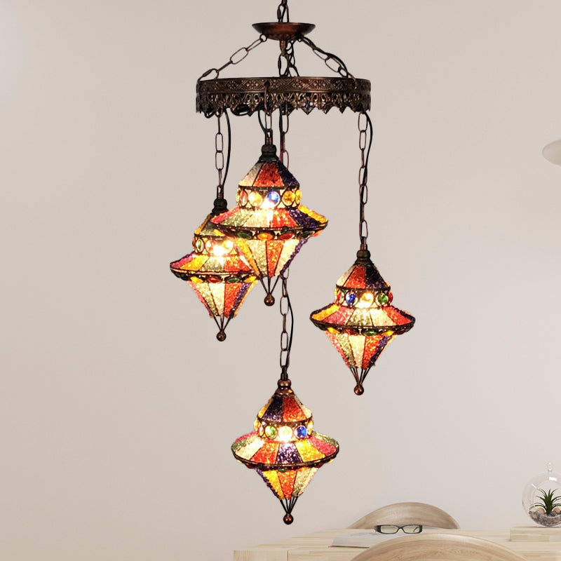 Lantern Metal Chandelier Lighting Fixture Bohemian 4 Bulbs Restaurant Ceiling Light in Yellow/Orange/Purple Clearhalo 'Ceiling Lights' 'Chandeliers' 'Glass shade' 'Glass' 'Island Lights' Lighting' 404030