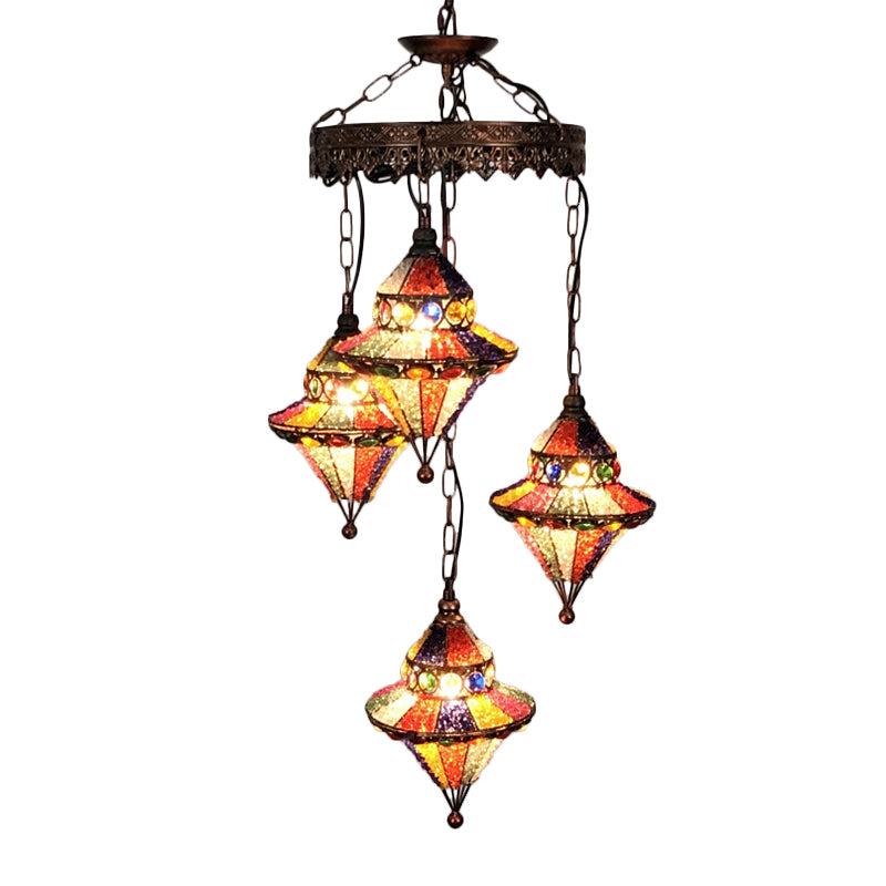 Lantern Metal Chandelier Lighting Fixture Bohemian 4 Bulbs Restaurant Ceiling Light in Yellow/Orange/Purple Clearhalo 'Ceiling Lights' 'Chandeliers' 'Glass shade' 'Glass' 'Island Lights' Lighting' 404031