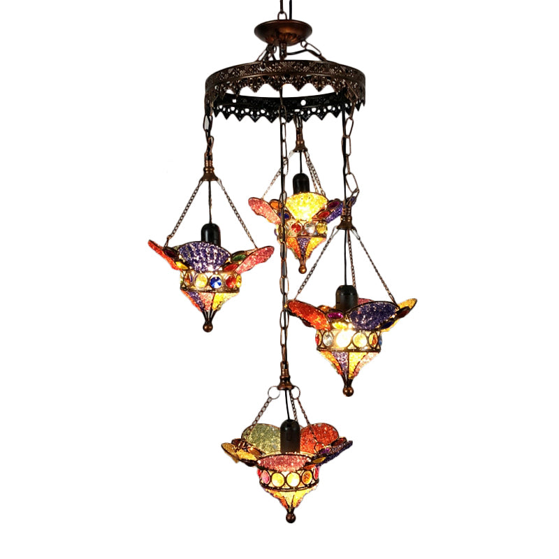 Lantern Metal Chandelier Lighting Fixture Bohemian 4 Bulbs Restaurant Ceiling Light in Yellow/Orange/Purple Purple Clearhalo 'Ceiling Lights' 'Chandeliers' 'Glass shade' 'Glass' 'Island Lights' Lighting' 404034