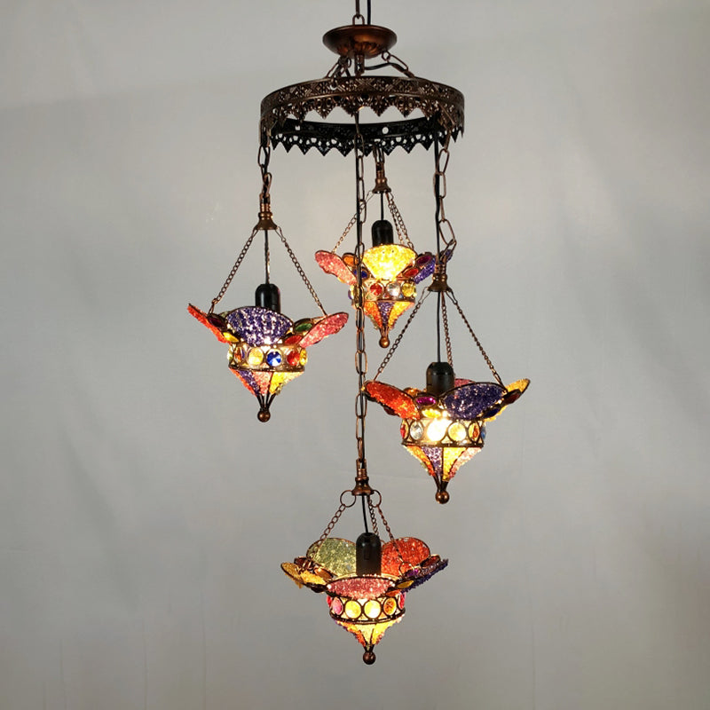 Lantern Metal Chandelier Lighting Fixture Bohemian 4 Bulbs Restaurant Ceiling Light in Yellow/Orange/Purple Clearhalo 'Ceiling Lights' 'Chandeliers' 'Glass shade' 'Glass' 'Island Lights' Lighting' 404035