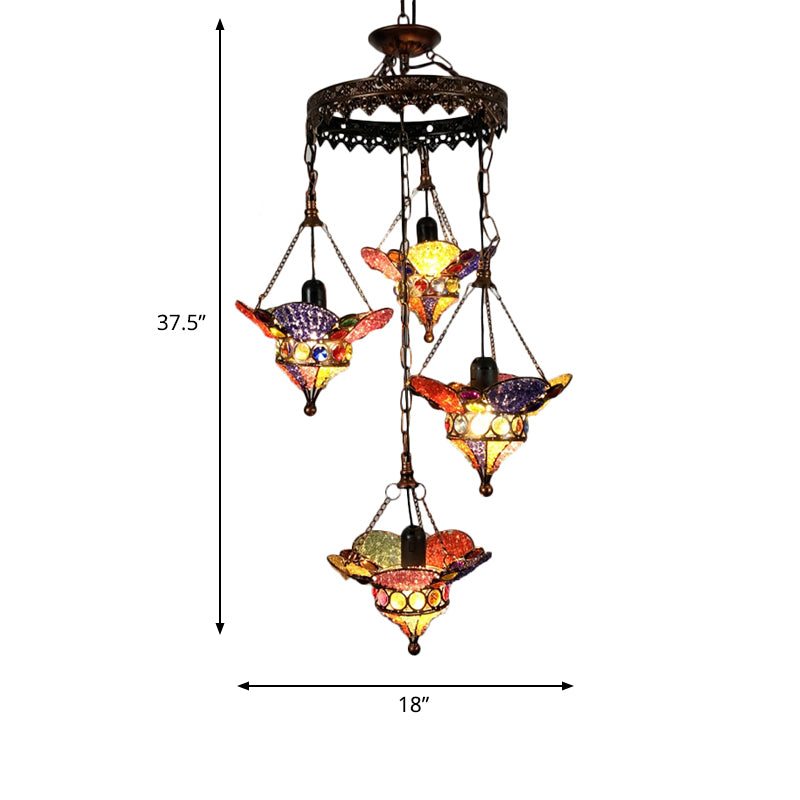 Lantern Metal Chandelier Lighting Fixture Bohemian 4 Bulbs Restaurant Ceiling Light in Yellow/Orange/Purple Clearhalo 'Ceiling Lights' 'Chandeliers' 'Glass shade' 'Glass' 'Island Lights' Lighting' 404036