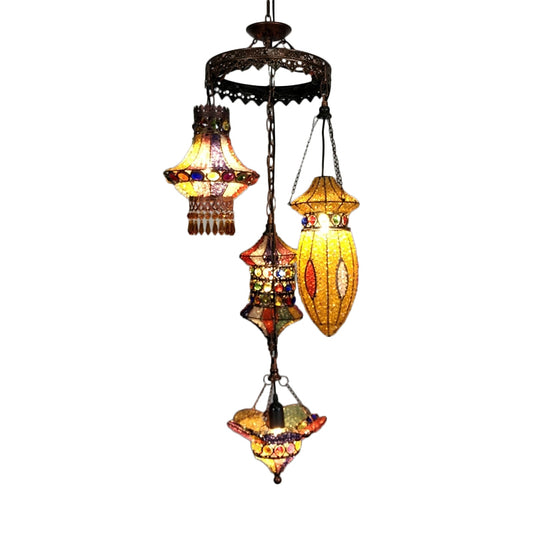 Lantern Metal Chandelier Lighting Fixture Bohemian 4 Bulbs Restaurant Ceiling Light in Yellow/Orange/Purple Yellow Clearhalo 'Ceiling Lights' 'Chandeliers' 'Glass shade' 'Glass' 'Island Lights' Lighting' 404037