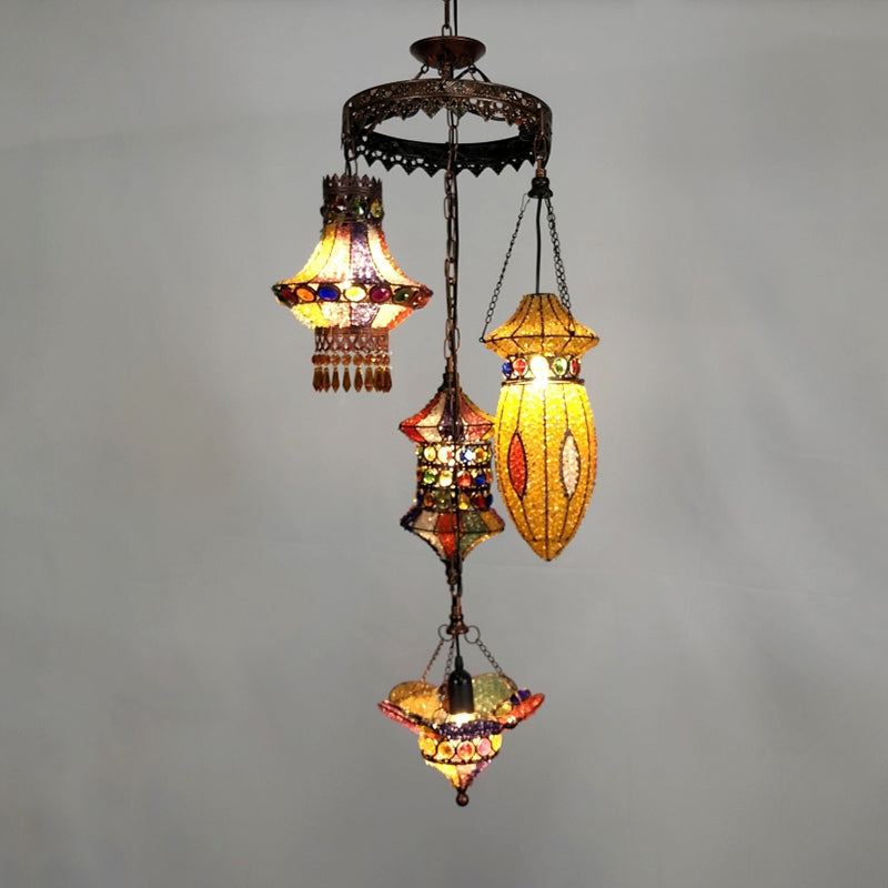 Lantern Metal Chandelier Lighting Fixture Bohemian 4 Bulbs Restaurant Ceiling Light in Yellow/Orange/Purple Clearhalo 'Ceiling Lights' 'Chandeliers' 'Glass shade' 'Glass' 'Island Lights' Lighting' 404038