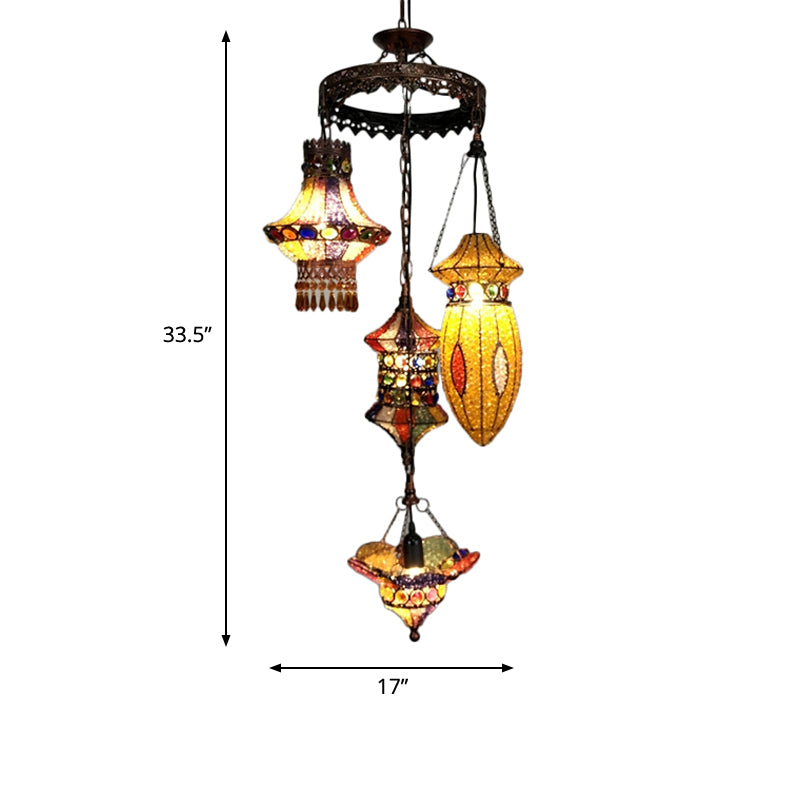 Lantern Metal Chandelier Lighting Fixture Bohemian 4 Bulbs Restaurant Ceiling Light in Yellow/Orange/Purple Clearhalo 'Ceiling Lights' 'Chandeliers' 'Glass shade' 'Glass' 'Island Lights' Lighting' 404039