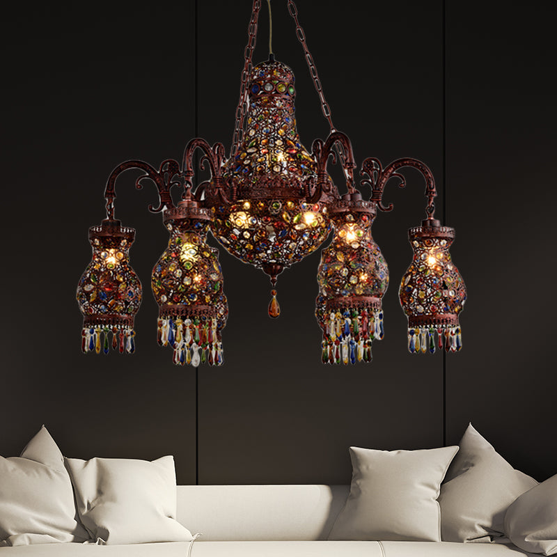 Urn Shaped Restaurant Ceiling Chandelier Bohemian Metal 9 Lights Copper Hanging Lamp Kit Clearhalo 'Ceiling Lights' 'Chandeliers' Lighting' options 404058