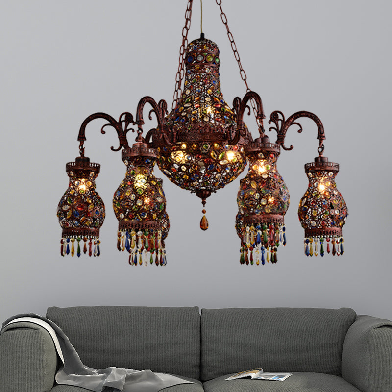 Urn Shaped Restaurant Ceiling Chandelier Bohemian Metal 9 Lights Copper Hanging Lamp Kit Clearhalo 'Ceiling Lights' 'Chandeliers' Lighting' options 404059