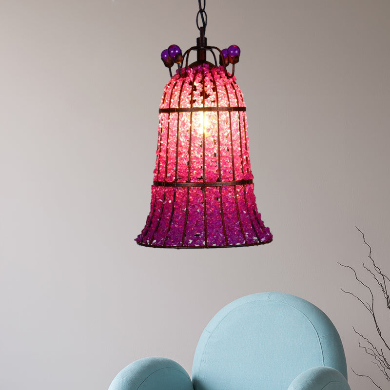 Metal Pink Ceiling Suspension Lamp Bell 1 Bulb Bohemian Pendant Lighting for Restaurant Clearhalo 'Ceiling Lights' 'Pendant Lights' 'Pendants' Lighting' 404178