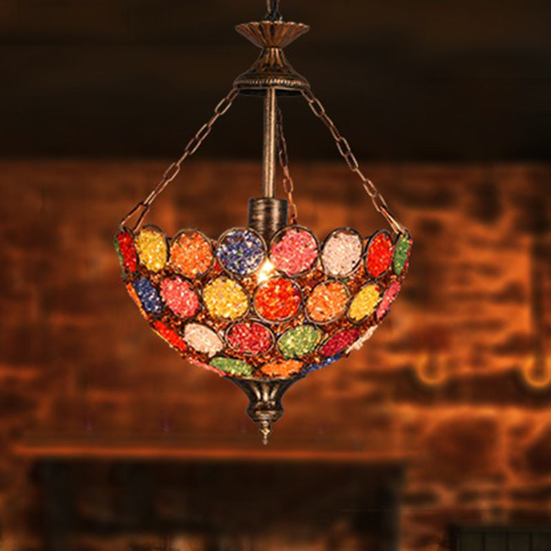 Orange Bowl Shape Hanging Light Bohemian Metal 1 Bulb Restaurant Pendant Lighting Fixture Clearhalo 'Ceiling Lights' 'Pendant Lights' 'Pendants' Lighting' 404228