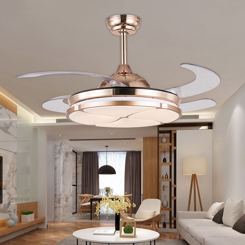 36" Wide Gold LED Hanging Fan Lighting Minimalism Metal Ring 4 Clear Blades Semi Flush Ceiling Light for Living Room, Remote/Wall Control/Remote and Wall Control Gold Clearhalo 'Ceiling Fans with Lights' 'Ceiling Fans' 'Modern Ceiling Fans' 'Modern' Lighting' 404506