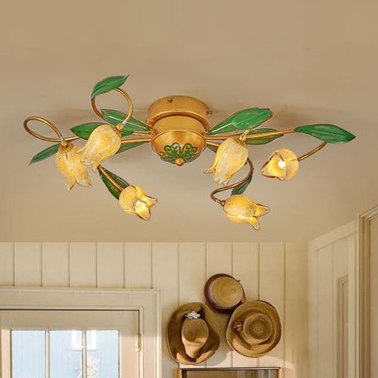 6 Bulbs Tulip Ceiling Light Pastoral Metal LED Semi Flush Mount Lighting in Brass for Living Room Brass B Clearhalo 'Ceiling Lights' 'Close To Ceiling Lights' 'Close to ceiling' 'Semi-flushmount' Lighting' 404511