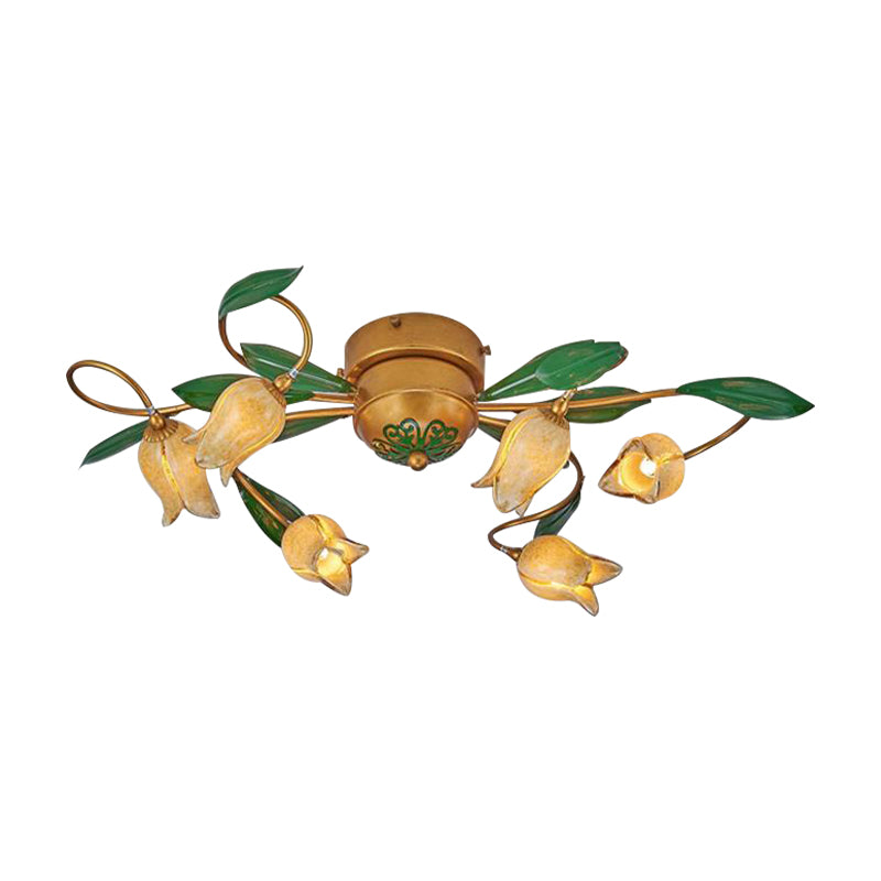 6 Bulbs Tulip Ceiling Light Pastoral Metal LED Semi Flush Mount Lighting in Brass for Living Room Clearhalo 'Ceiling Lights' 'Close To Ceiling Lights' 'Close to ceiling' 'Semi-flushmount' Lighting' 404512