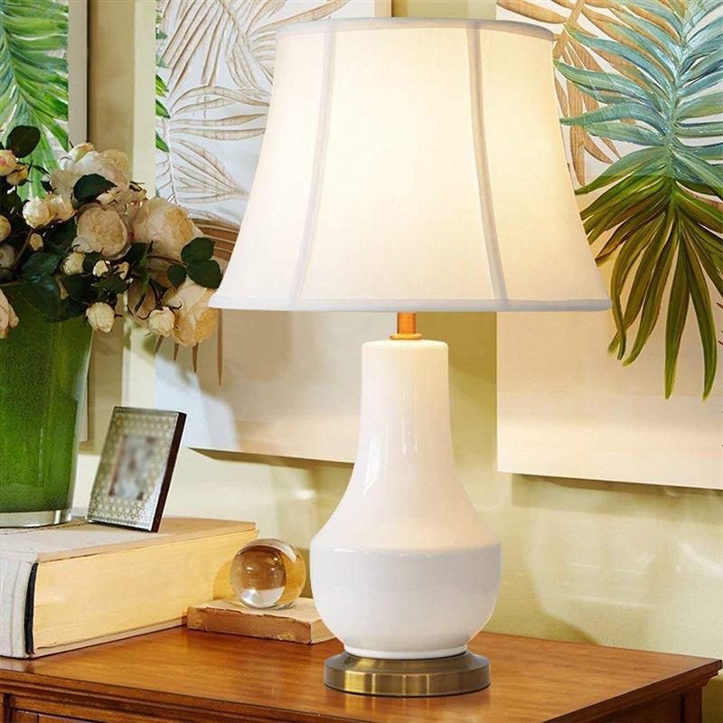 Modern Bell Shape Desk Lamp Fabric 1 Bulb Table Light in White with Jar Ceramic Base Clearhalo 'Lamps' 'Table Lamps' Lighting' 404535