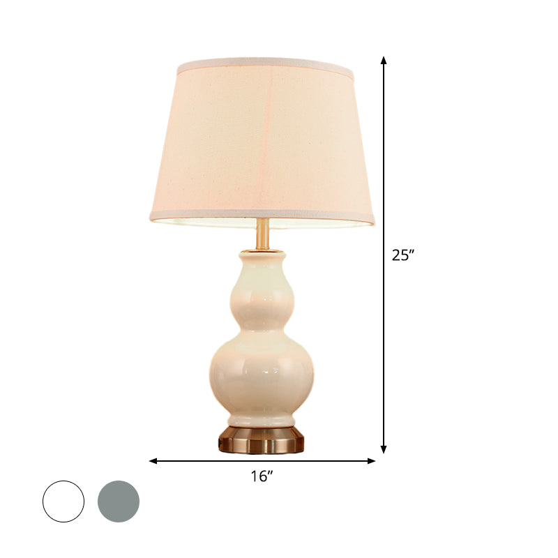 Curved Task Light Modern Ceramic 1 Bulb Pink/White Nightstand Lamp with Fabric Shade, 13"/16" Wide Clearhalo 'Lamps' 'Table Lamps' Lighting' 404572