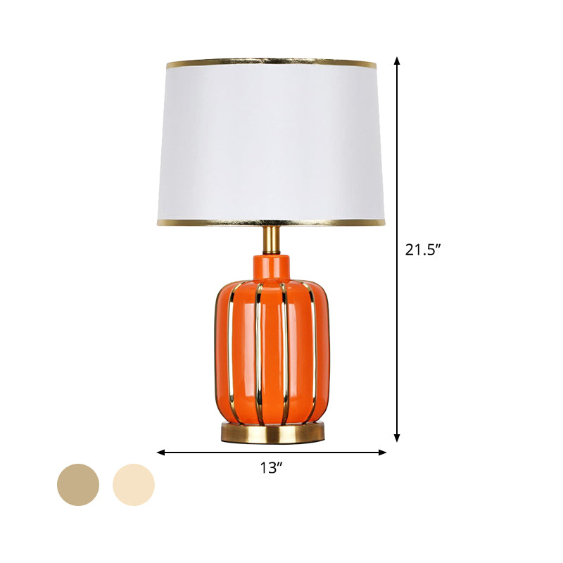 Contemporary 1 Bulb Nightstand Lamp Beige/Gold Barrel Reading Book Light with Fabric Shade Clearhalo 'Lamps' 'Table Lamps' Lighting' 404601