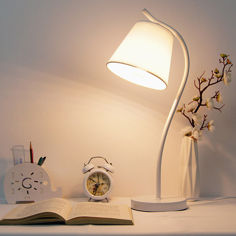 Contemporary 1 Bulb Study Lamp White/Black Tapered Reading Book Light with Fabric Shade White Clearhalo 'Lamps' 'Table Lamps' Lighting' 404691