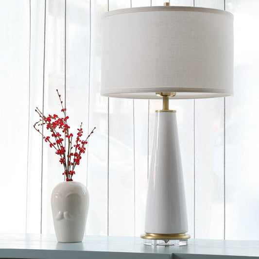 Fabric Cylinder Table Light Modern 1 Bulb Desk Lamp in White with Cone Ceramic Base White Clearhalo 'Lamps' 'Table Lamps' Lighting' 404729