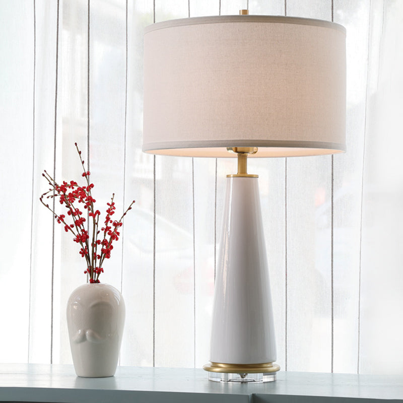 Fabric Cylinder Table Light Modern 1 Bulb Desk Lamp in White with Cone Ceramic Base Clearhalo 'Lamps' 'Table Lamps' Lighting' 404730