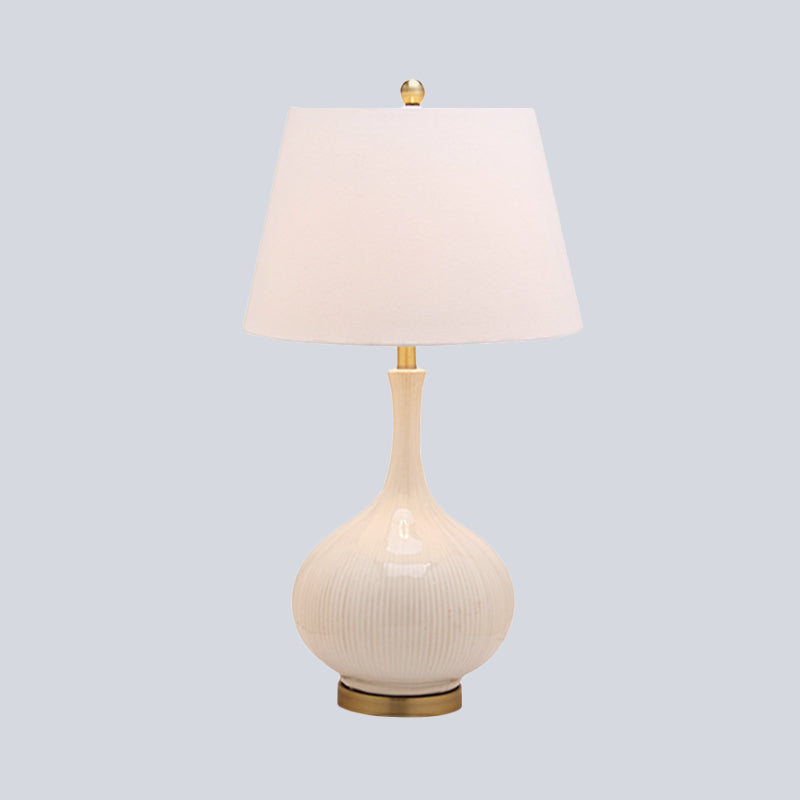 Fabric Tapered Table Light Modernism 1 Head White Small Desk Lamp with Ceramic Base Clearhalo 'Lamps' 'Table Lamps' Lighting' 404752