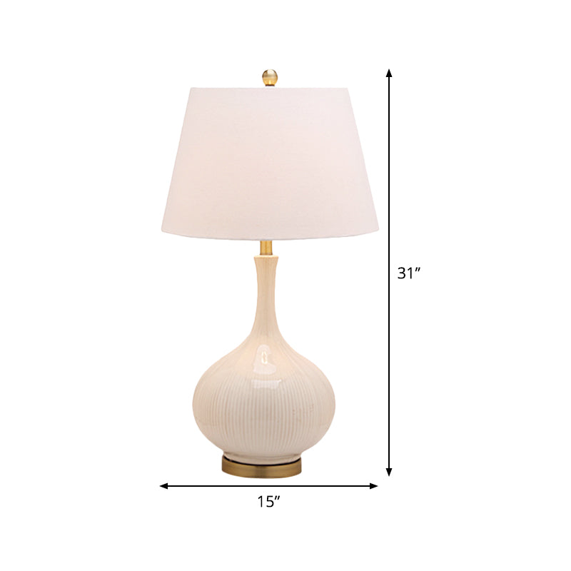 Fabric Tapered Table Light Modernism 1 Head White Small Desk Lamp with Ceramic Base Clearhalo 'Lamps' 'Table Lamps' Lighting' 404753