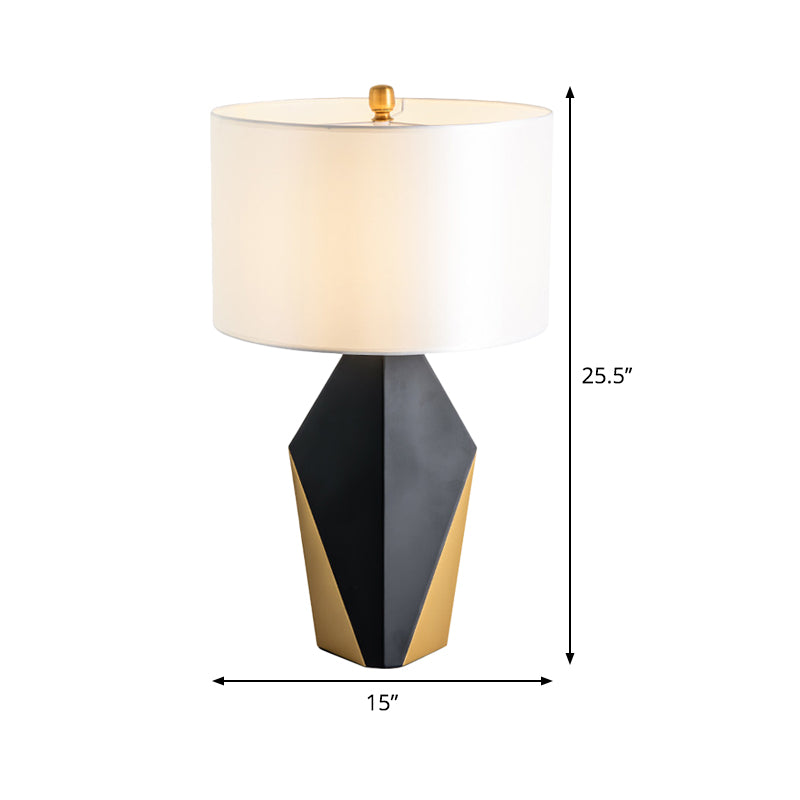 Drum Fabric Table Light Modern 1 Bulb White Reading Lamp, Geometric Black Metal Base Clearhalo 'Lamps' 'Table Lamps' Lighting' 404758