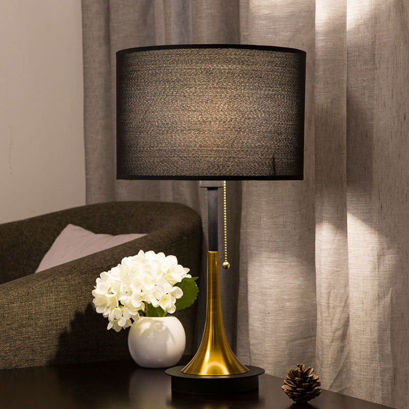 Drum Night Table Lamp Modern Metal 1 Head Black/Grey Nightstand Lighting with Pull Chain for Living Room Black Clearhalo 'Lamps' 'Table Lamps' Lighting' 404794