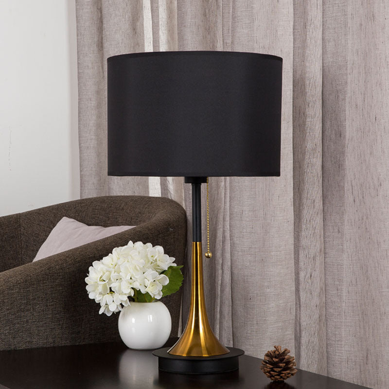 Drum Night Table Lamp Modern Metal 1 Head Black/Grey Nightstand Lighting with Pull Chain for Living Room Clearhalo 'Lamps' 'Table Lamps' Lighting' 404795