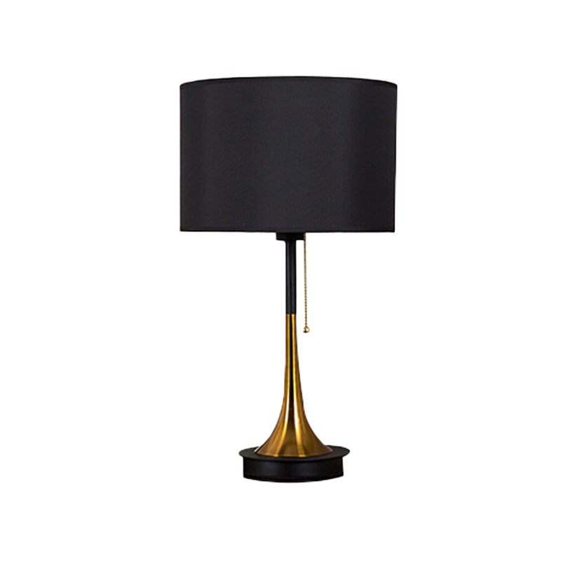 Drum Night Table Lamp Modern Metal 1 Head Black/Grey Nightstand Lighting with Pull Chain for Living Room Clearhalo 'Lamps' 'Table Lamps' Lighting' 404796