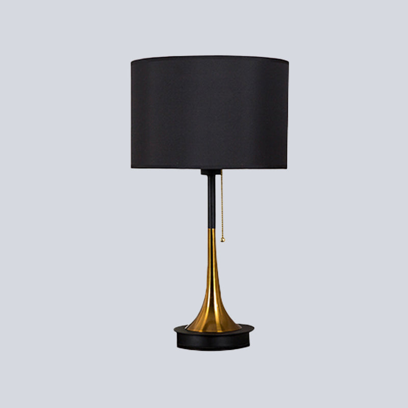 Drum Night Table Lamp Modern Metal 1 Head Black/Grey Nightstand Lighting with Pull Chain for Living Room Clearhalo 'Lamps' 'Table Lamps' Lighting' 404797