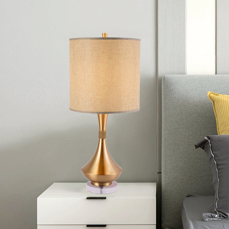 1-Light Bedroom Nightstand Light Simplicity Flaxen Metal Table Lamp with Cylindrical Fabric Shade Flaxen Clearhalo 'Lamps' 'Table Lamps' Lighting' 404922