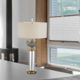 1 Head Cylindrical Nightstand Lamp Modernism Hand-Cut Crystal Reading Light in Gold Clearhalo 'Lamps' 'Table Lamps' Lighting' 404993