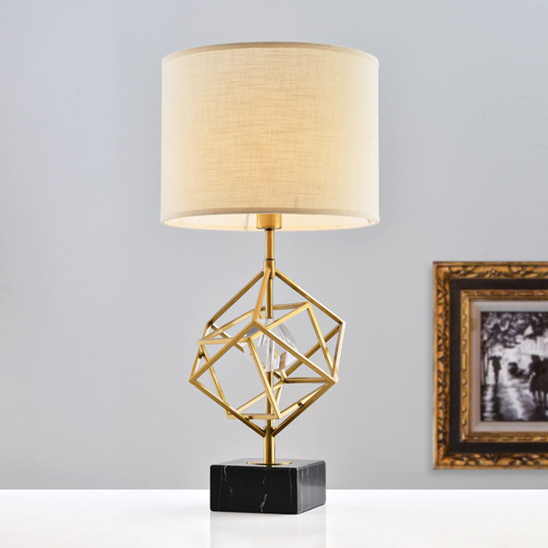 Drum Task Lamp Modern Fabric 1 Head Gold Reading Light with Rectangle Black Marble Base Clearhalo 'Lamps' 'Table Lamps' Lighting' 405029