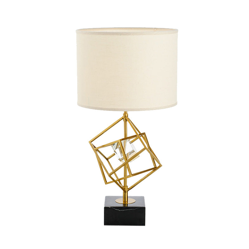 Drum Task Lamp Modern Fabric 1 Head Gold Reading Light with Rectangle Black Marble Base Clearhalo 'Lamps' 'Table Lamps' Lighting' 405030