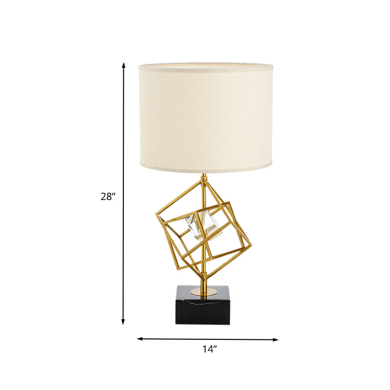 Drum Task Lamp Modern Fabric 1 Head Gold Reading Light with Rectangle Black Marble Base Clearhalo 'Lamps' 'Table Lamps' Lighting' 405032