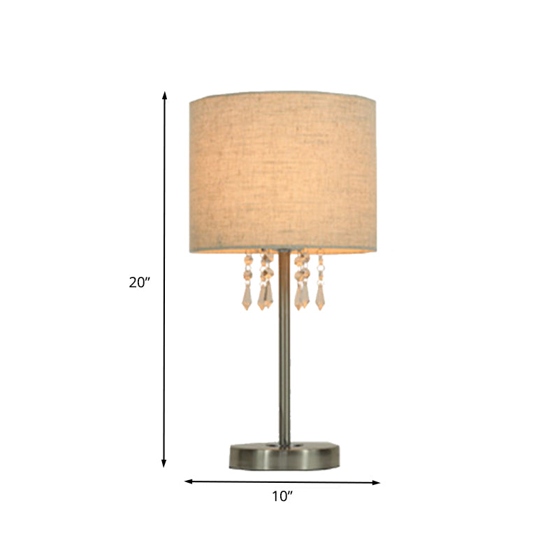 Fabric Drum Desk Light Modern 1 Bulb Chrome Nightstand Lamp with Crystal Teardrop Clearhalo 'Lamps' 'Table Lamps' Lighting' 405067