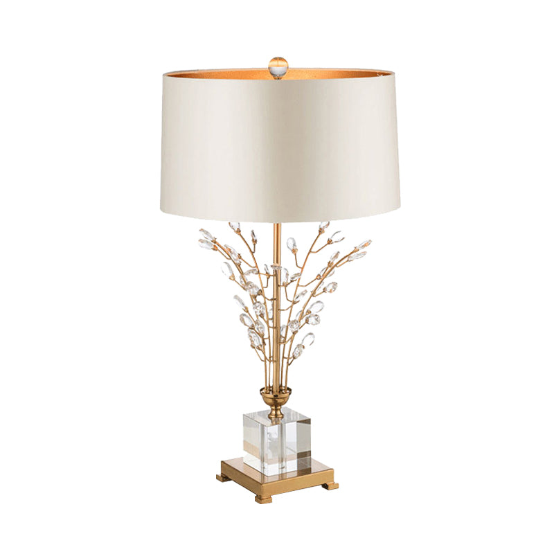 Fabric Drum Table Light Modernism 1 Head Small Desk Lamp in Gold with Crystal Leaf Clearhalo 'Lamps' 'Table Lamps' Lighting' 405095