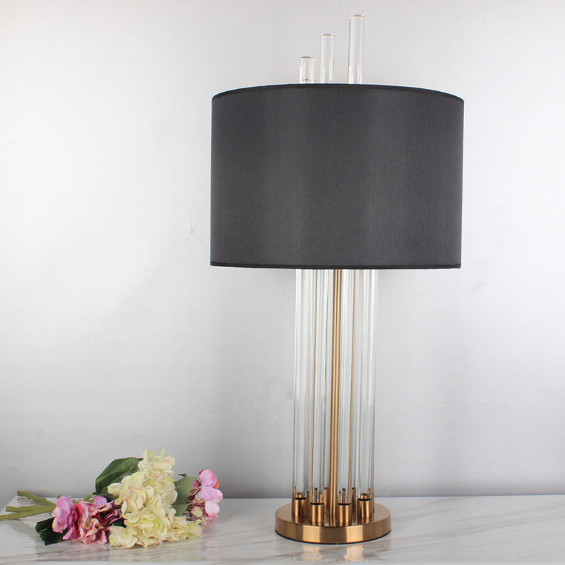 Modern Tubular Fabric Nightstand Lamp Clear Crystal 1 Bulb Reading Light in Gold Clearhalo 'Lamps' 'Table Lamps' Lighting' 405129