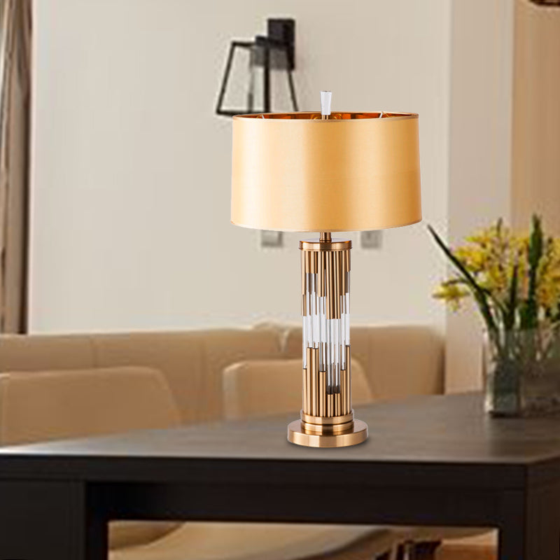 Column Desk Lamp Modernist Hand-Cut Crystal 1 Bulb Gold Table Light with Fabric Shade Gold Clearhalo 'Lamps' 'Table Lamps' Lighting' 405133