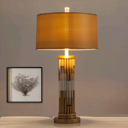 Column Desk Lamp Modernist Hand-Cut Crystal 1 Bulb Gold Table Light with Fabric Shade Clearhalo 'Lamps' 'Table Lamps' Lighting' 405134