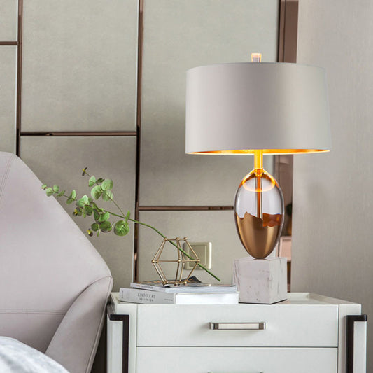 Drum Shade Table Lamp Modern Fabric 1 Bulb Gold Desk Light with Square White Marble Base Clearhalo 'Lamps' 'Table Lamps' Lighting' 405230