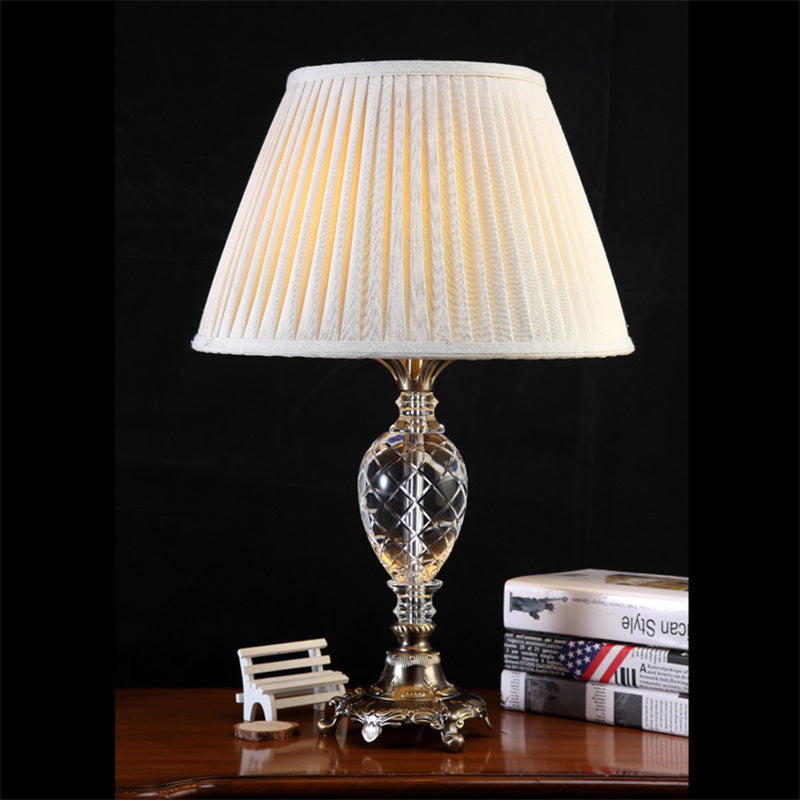 Cream Gray Pleated Table Light Modern 1 Bulb Fabric Desk Lamp, Bronze Carved Metal Base Clearhalo 'Lamps' 'Table Lamps' Lighting' 405279