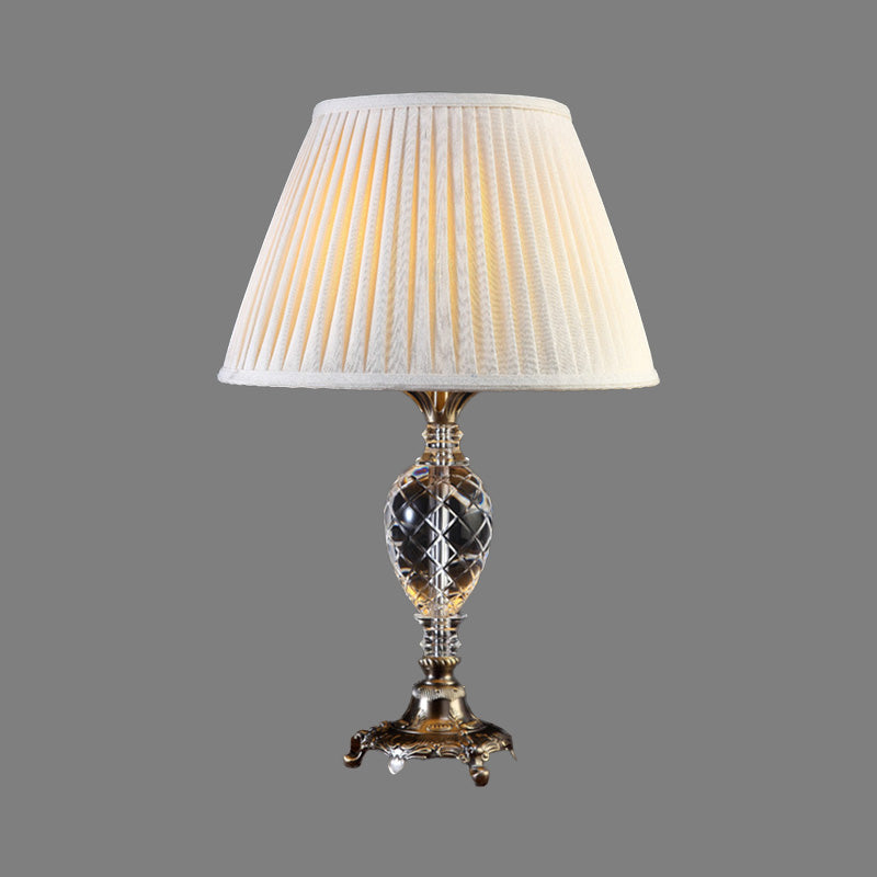 Cream Gray Pleated Table Light Modern 1 Bulb Fabric Desk Lamp, Bronze Carved Metal Base Clearhalo 'Lamps' 'Table Lamps' Lighting' 405281