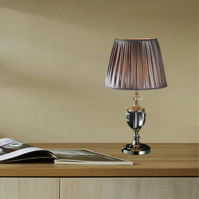 Tapered Drum Crystal Table Lamp Modernist Fabric 1 Head Reading Book Light in Grey Grey Clearhalo 'Lamps' 'Table Lamps' Lighting' 405308