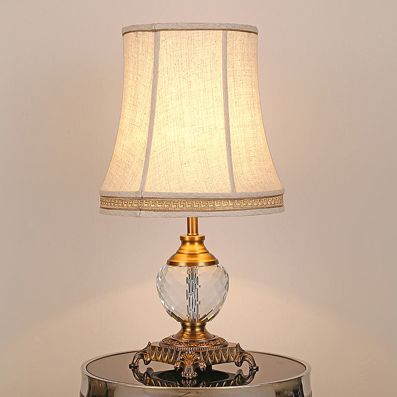 Bell Fabric Table Lamp Modern 1 Head Beige Desk Light, Carved Bronze Metallic Base Clearhalo 'Lamps' 'Table Lamps' Lighting' 405359