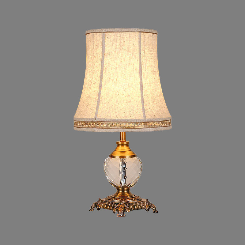 Bell Fabric Table Lamp Modern 1 Head Beige Desk Light, Carved Bronze Metallic Base Clearhalo 'Lamps' 'Table Lamps' Lighting' 405361