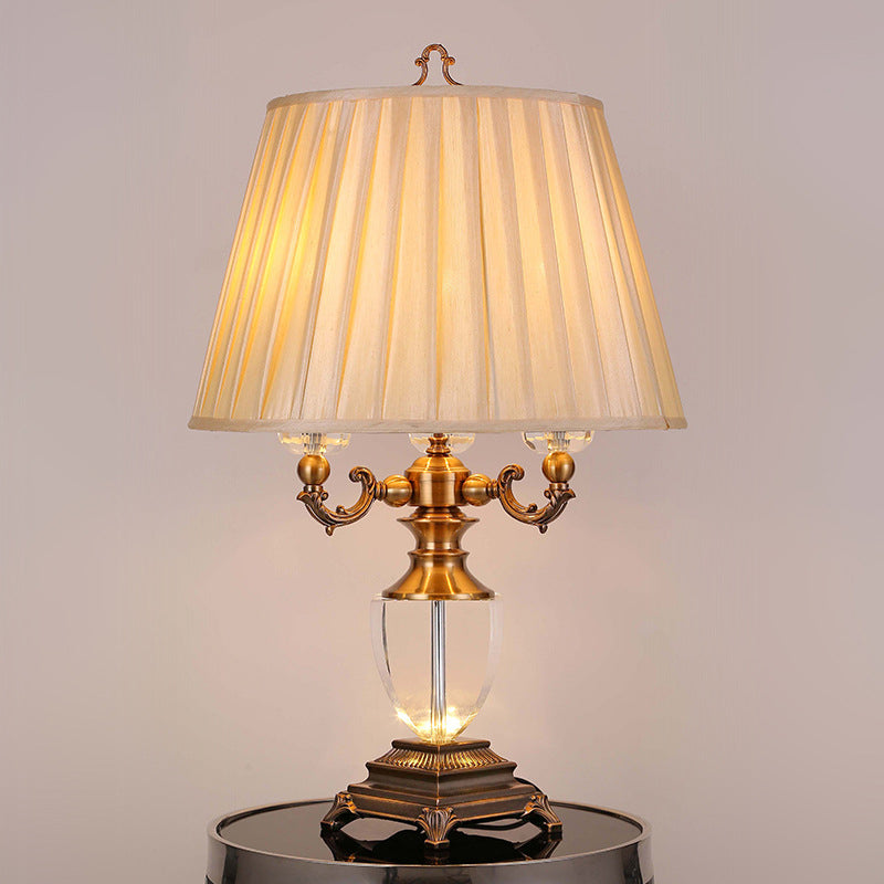 3 Heads Tapered Drum Crystal Task Lamp Modernism Fabric Reading Book Light in Beige Clearhalo 'Lamps' 'Table Lamps' Lighting' 405404