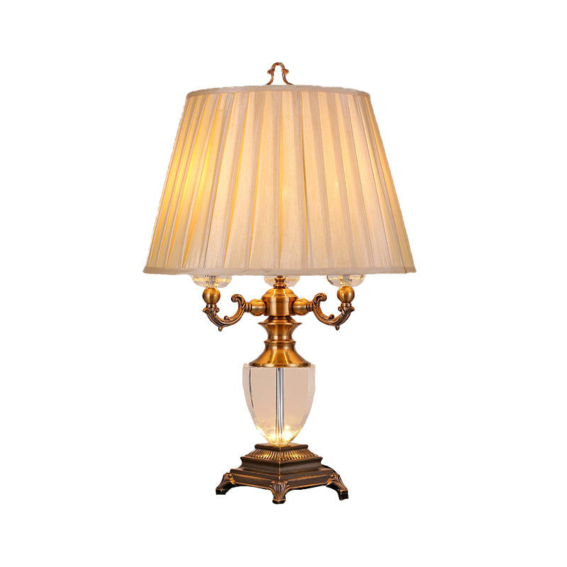 3 Heads Tapered Drum Crystal Task Lamp Modernism Fabric Reading Book Light in Beige Clearhalo 'Lamps' 'Table Lamps' Lighting' 405405