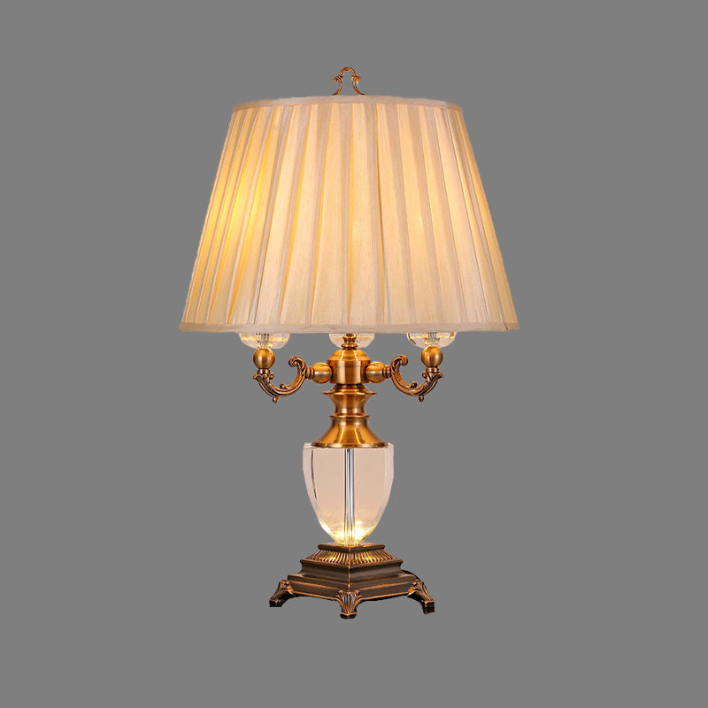 3 Heads Tapered Drum Crystal Task Lamp Modernism Fabric Reading Book Light in Beige Clearhalo 'Lamps' 'Table Lamps' Lighting' 405406