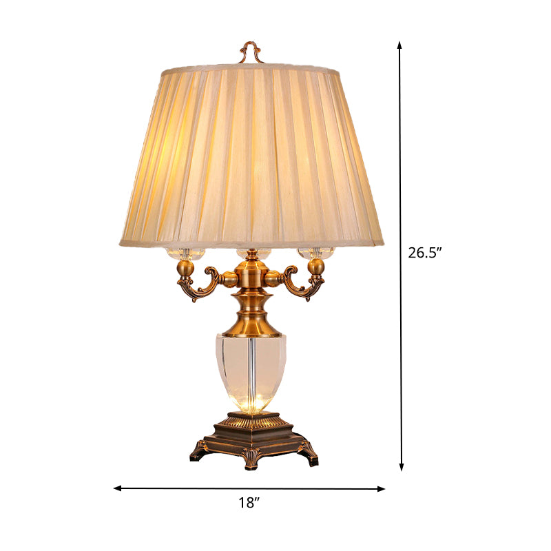 3 Heads Tapered Drum Crystal Task Lamp Modernism Fabric Reading Book Light in Beige Clearhalo 'Lamps' 'Table Lamps' Lighting' 405407