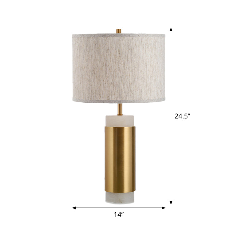 Fabric Drum Night Table Lamp Simplicity 1 Head Flaxen Metal Nightstand Lighting for Bedroom Clearhalo 'Lamps' 'Table Lamps' Lighting' 405662