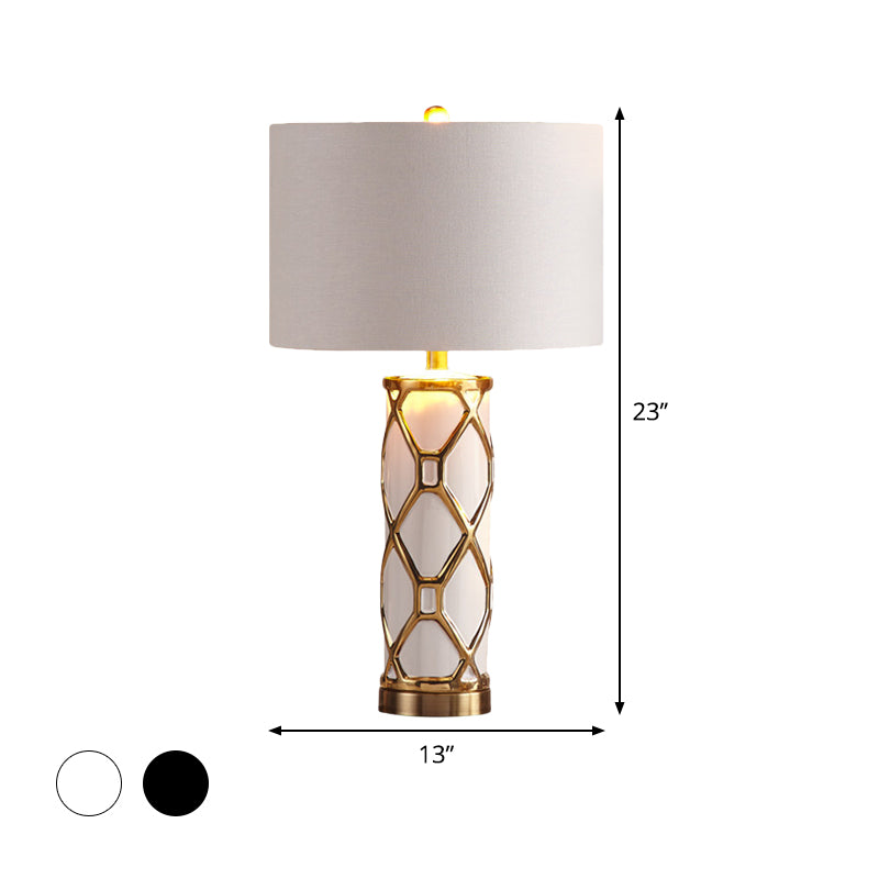 13"/15" W Fabric Cylinder Night Table Lamp Postmodern 1 Light White/Black Metal Nightstand Light for Bedroom Clearhalo 'Lamps' 'Table Lamps' Lighting' 405682